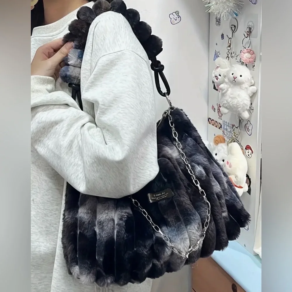 Black Gray Soft Faux Fur Shoulder Bag Purse with PomPom and Chain Straps - Picture 3 of 8